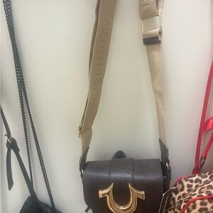 True Religion Dark Brown Crossbody Bag with Gold Logo